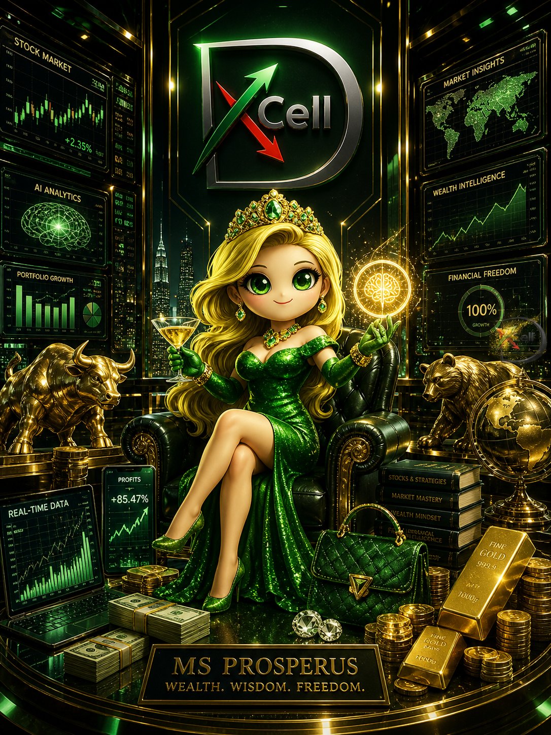 Ms Prosperous on the Wealth Intelligence throne, surrounded by live market dashboards and gold